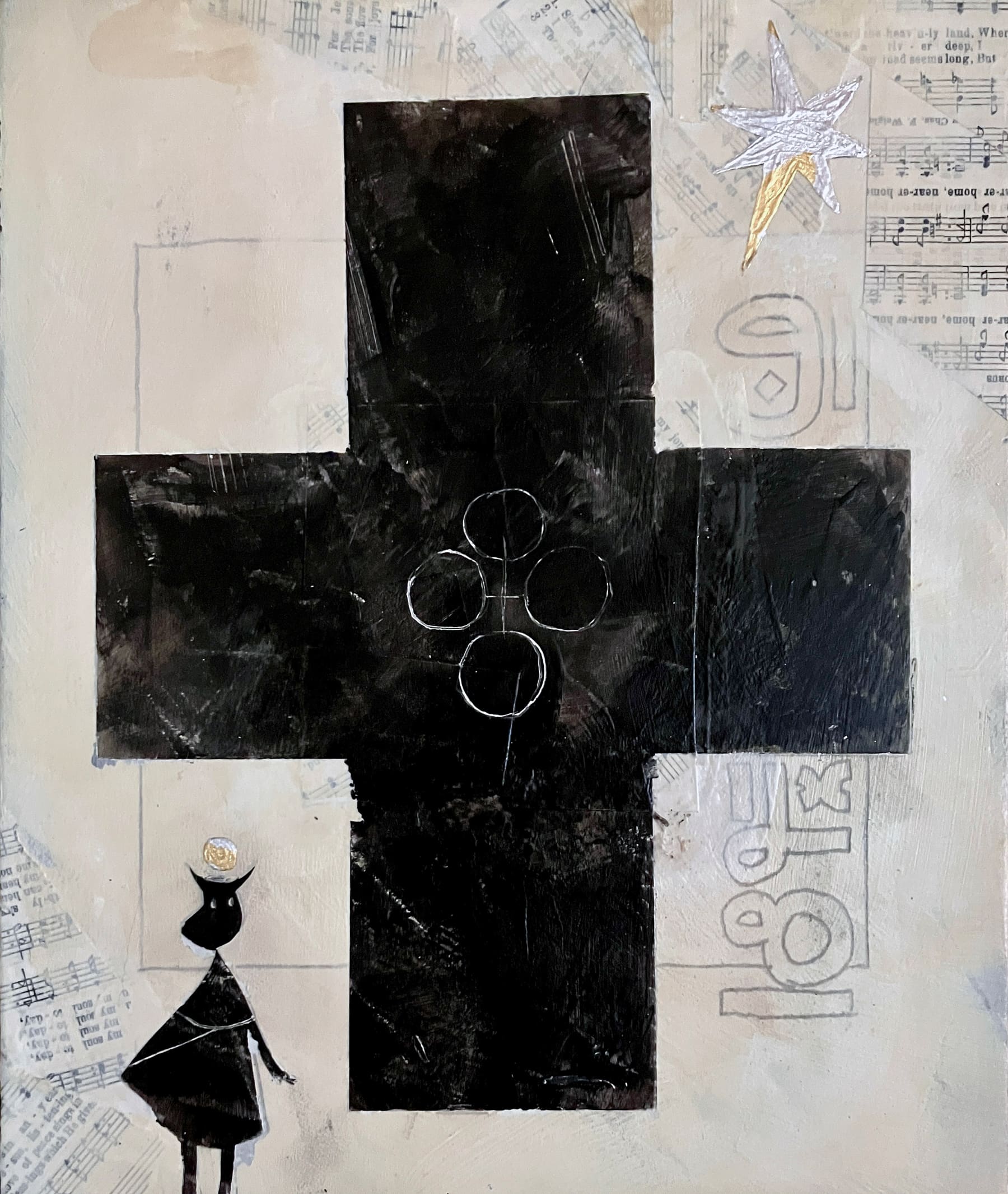 A large black cross dominates the composition, with a cross-like sigil scratched into the center. Next to it is the phrase 'not a joiner' in Wormrōte. A horned figure and a star sit in opposite corners, and collage is scattered around the background.
