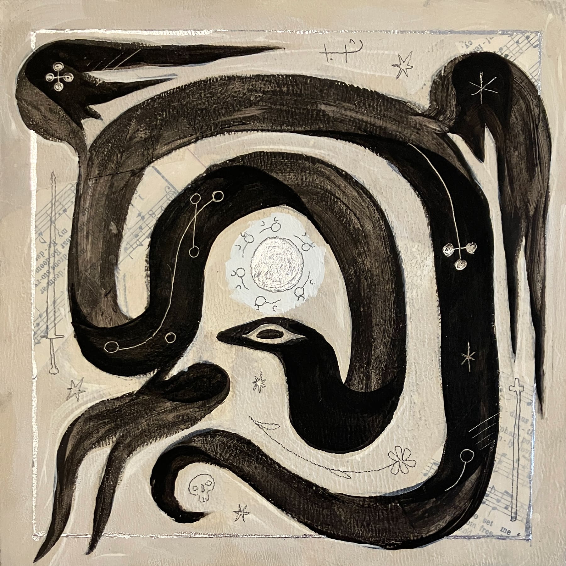 A winged serpent winds around the composition in a vague spiral shape, covered in sigils, and crowned with a silver halo encircled with the word 'holy' in Wormrōte. The background is patched with collage of hymns, a sword, a cross, a flower, a skull, stars, and the word 'decay' in Wormrōte.