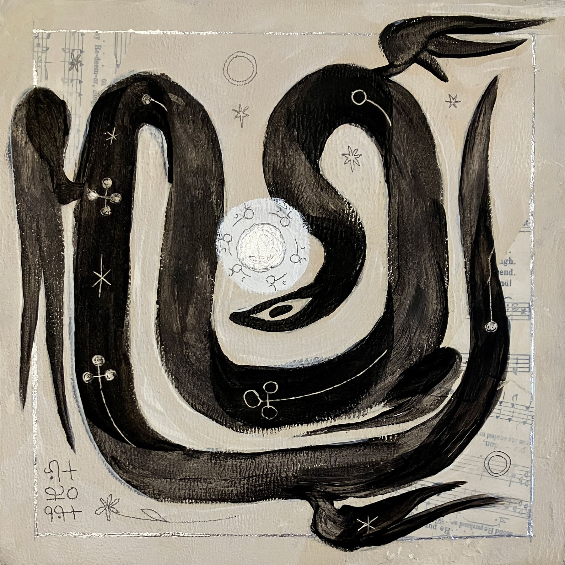 A winged serpent winds around the composition in a vague U shape, covered in sigils, and crowned with a silver halo encircled with the word 'holy' in Wormrōte. The background is patched with collage of hymns, rings, stars, a flower, and the word 'entanglement' in Wormrōte.