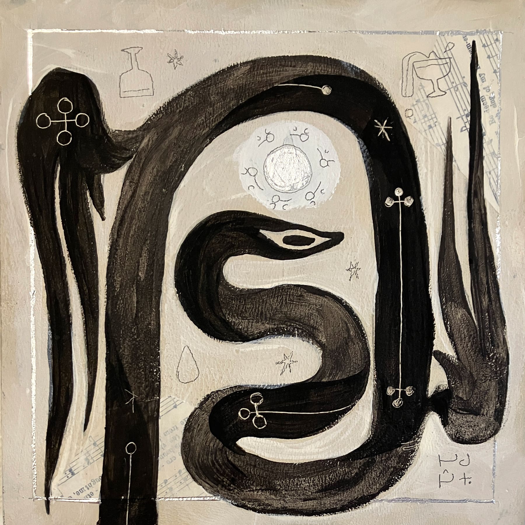 A winged serpent winds around the composition in a vague arch shape, covered in sigils, and crowned with a silver halo encircled with the word 'holy' in Wormrōte. The background is patched with collage of hymns, cups, water, stars, and the word 'cascade' in Wormrōte.