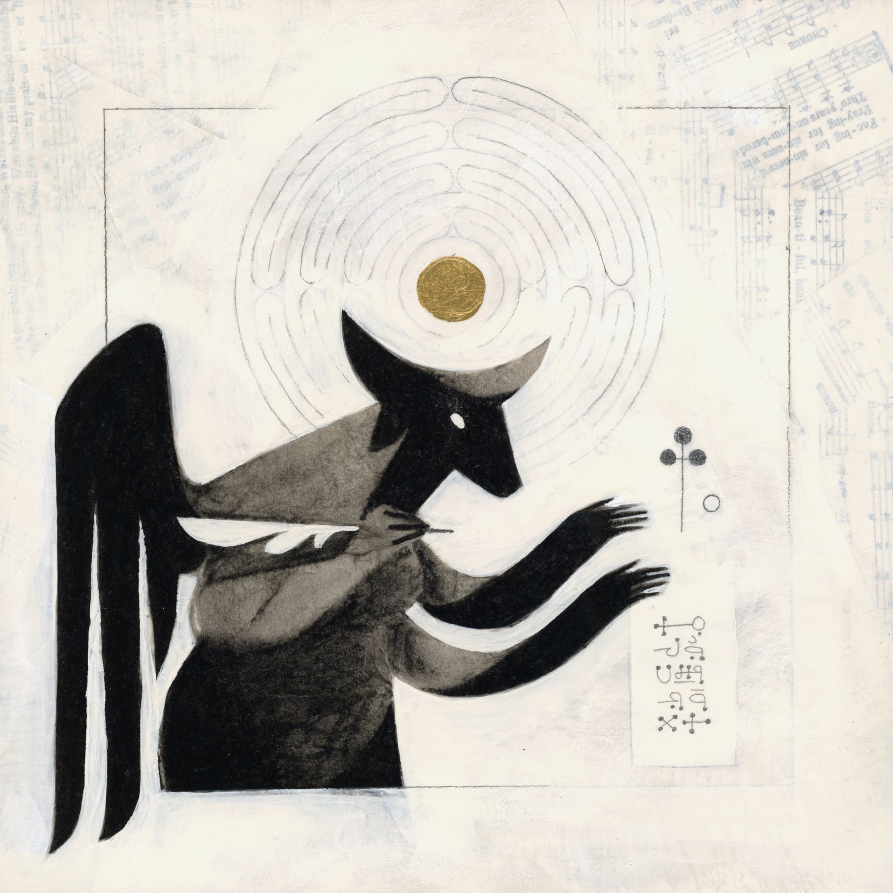 An entity with a horned bovine head, wings, and three arms gestures toward a small sigil that they appear to have drawn with a quill. Above them, a golden halo is surrounded by a faint labyrinth, and music from a hymnal is collaged in the background. Below the sigil is text in Wormrōte that reads 'There is no wisdom in my path'.