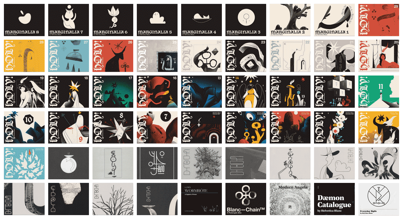 A grid of all of Helvetica's zines on Itch