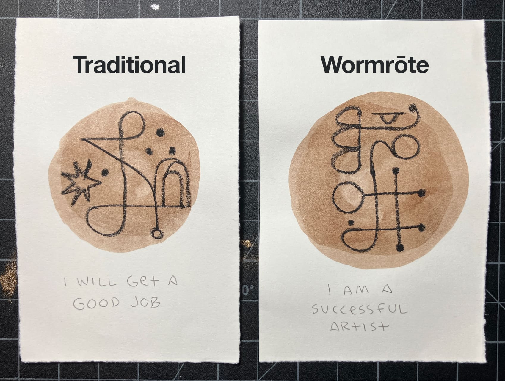 Two sigils made in conte pencil on brown ink wash. One is in a 'traditional' style, made from the Latin alphabet and given some decoration. The other is written in Wormrōte.