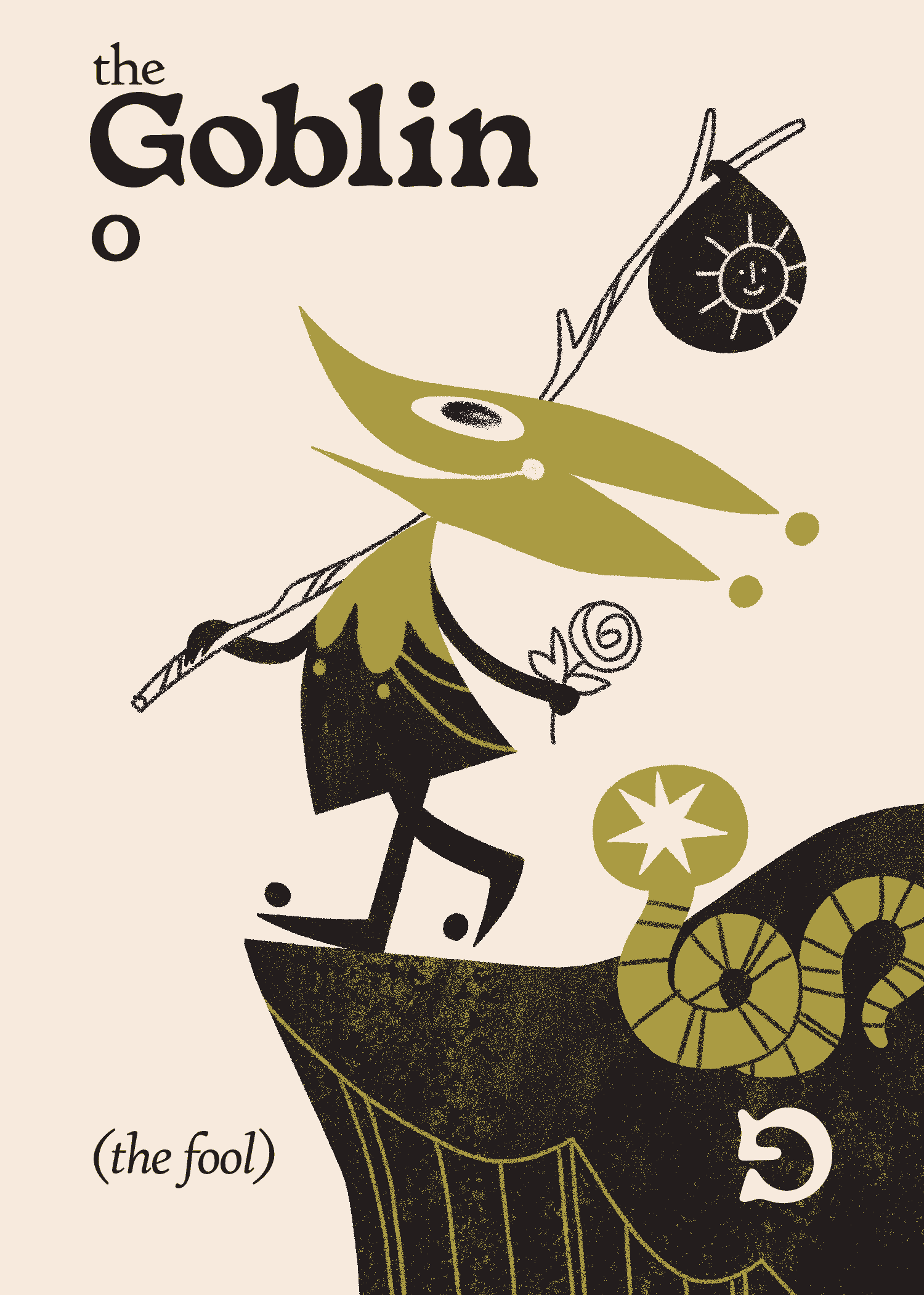 The tarot card for The Fool, showing a goblin about to blissfully walk off a cliff while holding a bindle and a rose. They're followed by a worm.