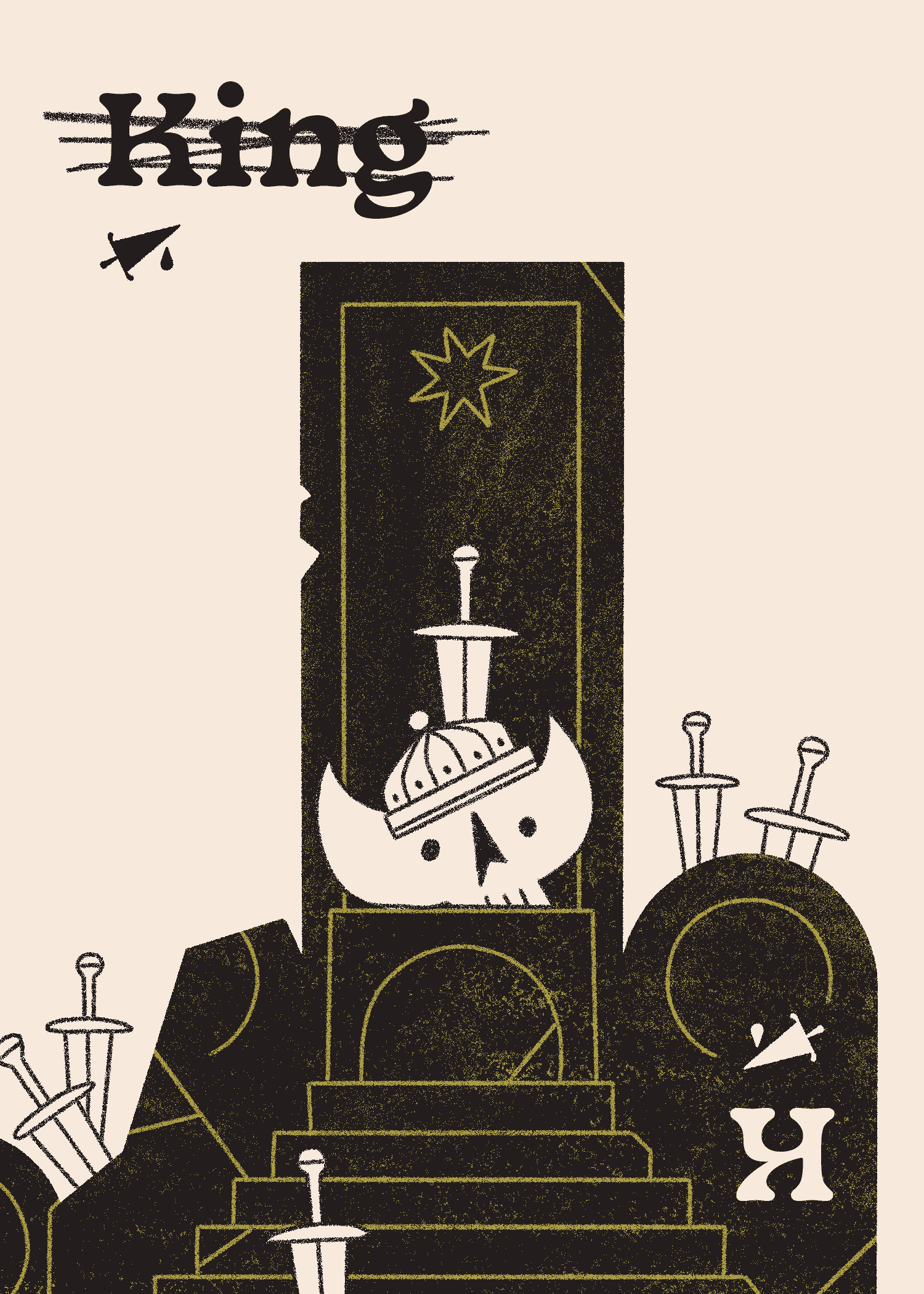 A horned and crowned skull sits upon a broken throne. Knives are stabbed into the crown and the throne itself. The word 'king' is crossed out.