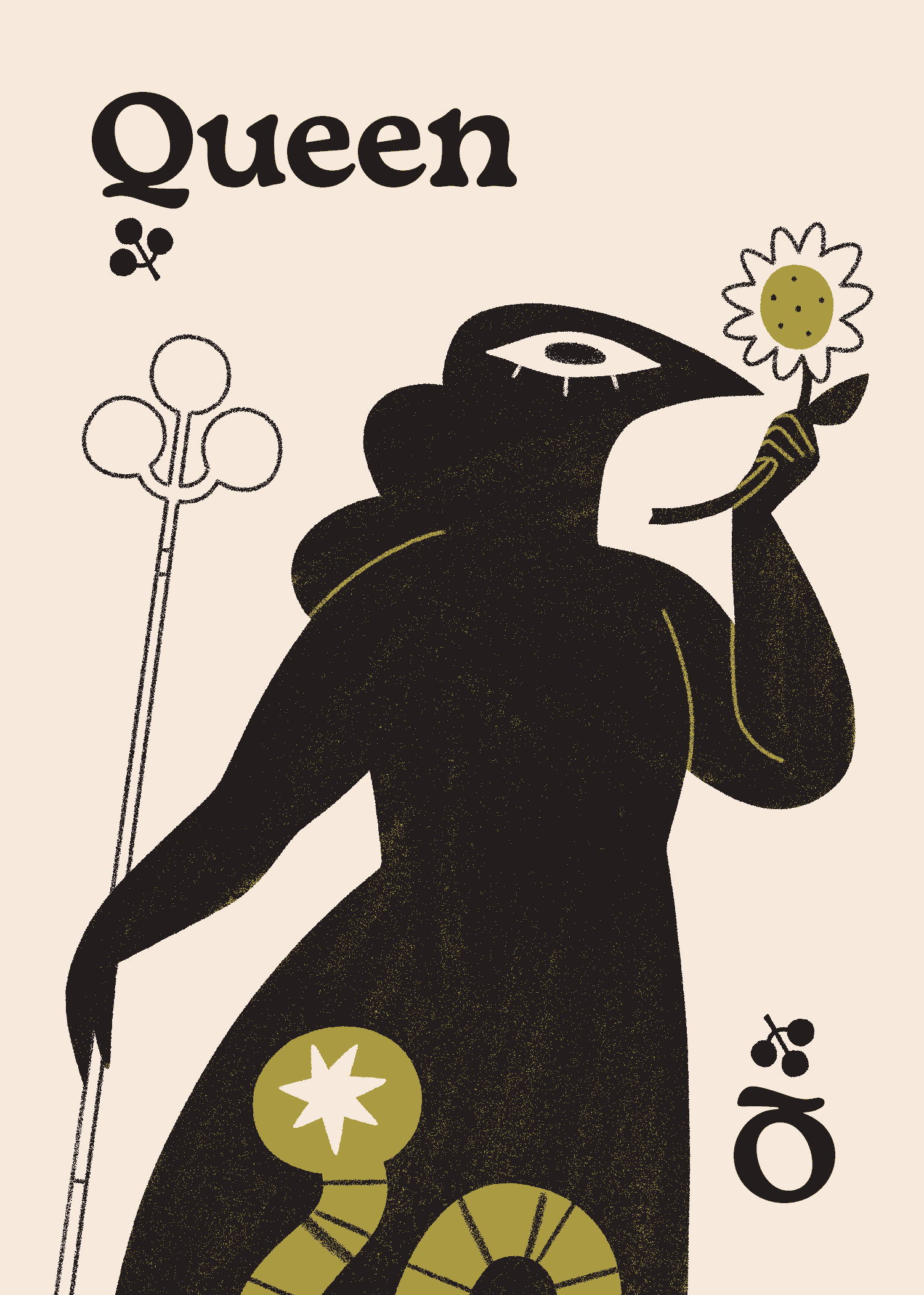 The Goblin Queen Eris holds a flower and a staff with a trifoil tip. A worm lurches in the foreground.