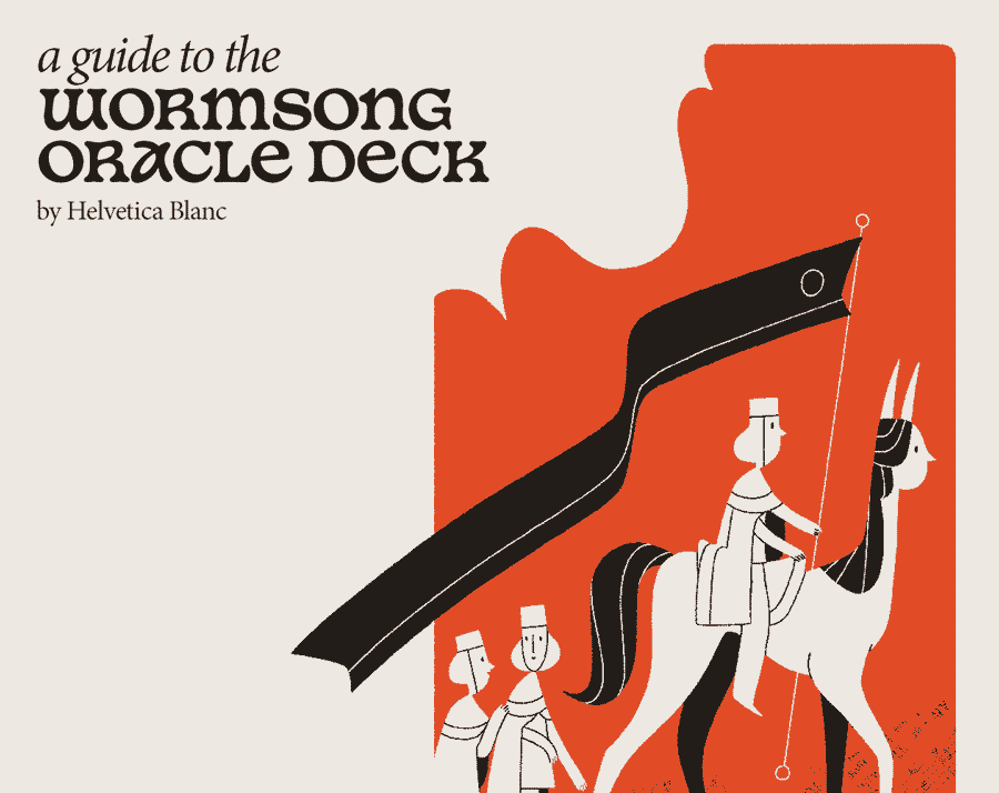 The cover for 'A Guide to the Wormsong Oracle Deck'. On it, a Seeker rides a human-faced horse while carrying a long, black banner. Two other Seekers follow behind on foot, conversing. The background is a field of red with a bit of collaged sheet music.